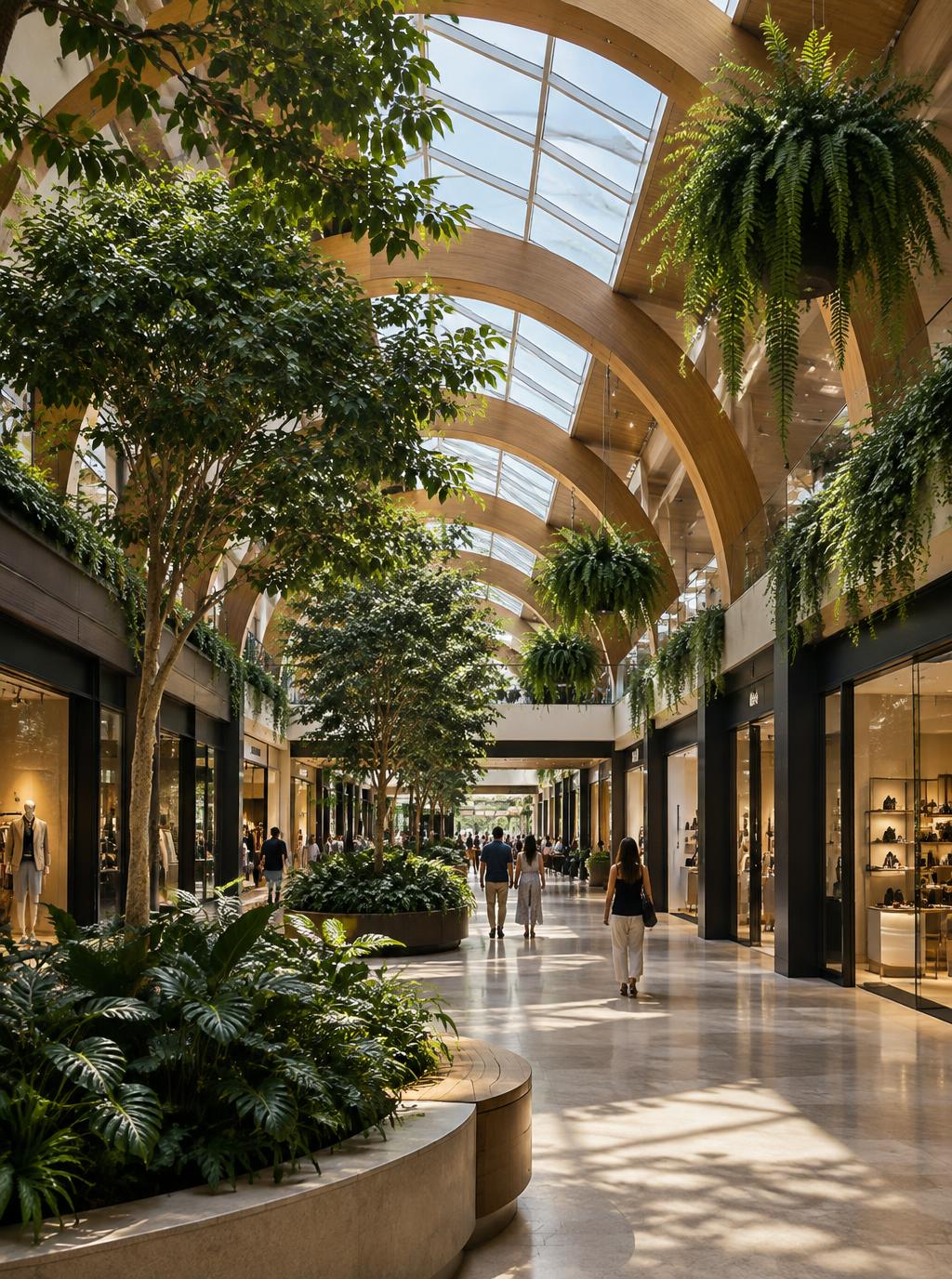 Pasillo luminoso de centro comercial con arcos de madera y vegetación
